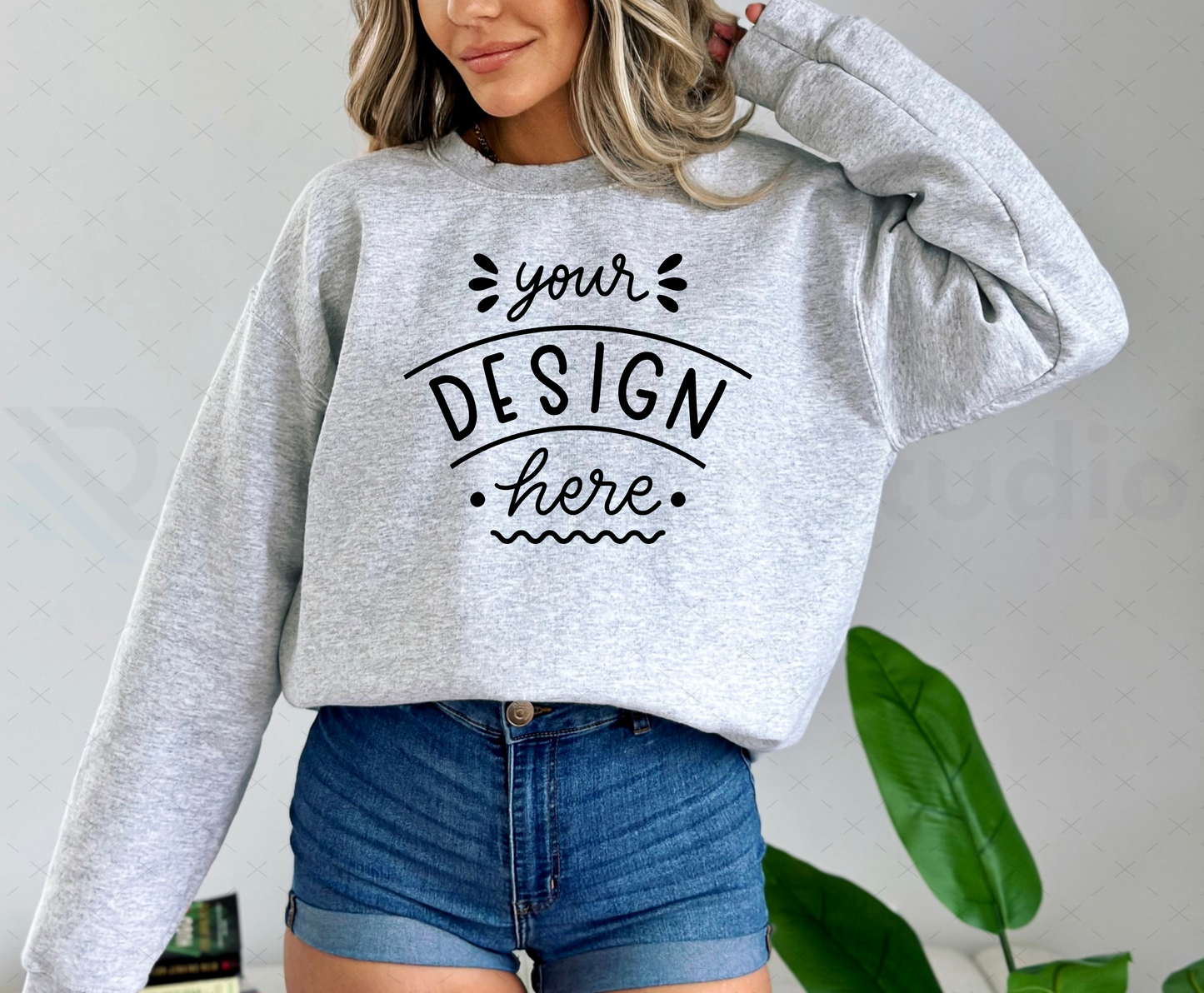 Gildan 18000 Mockup – Ash Crewneck Sweatshirt Mockup on Model | Style 13