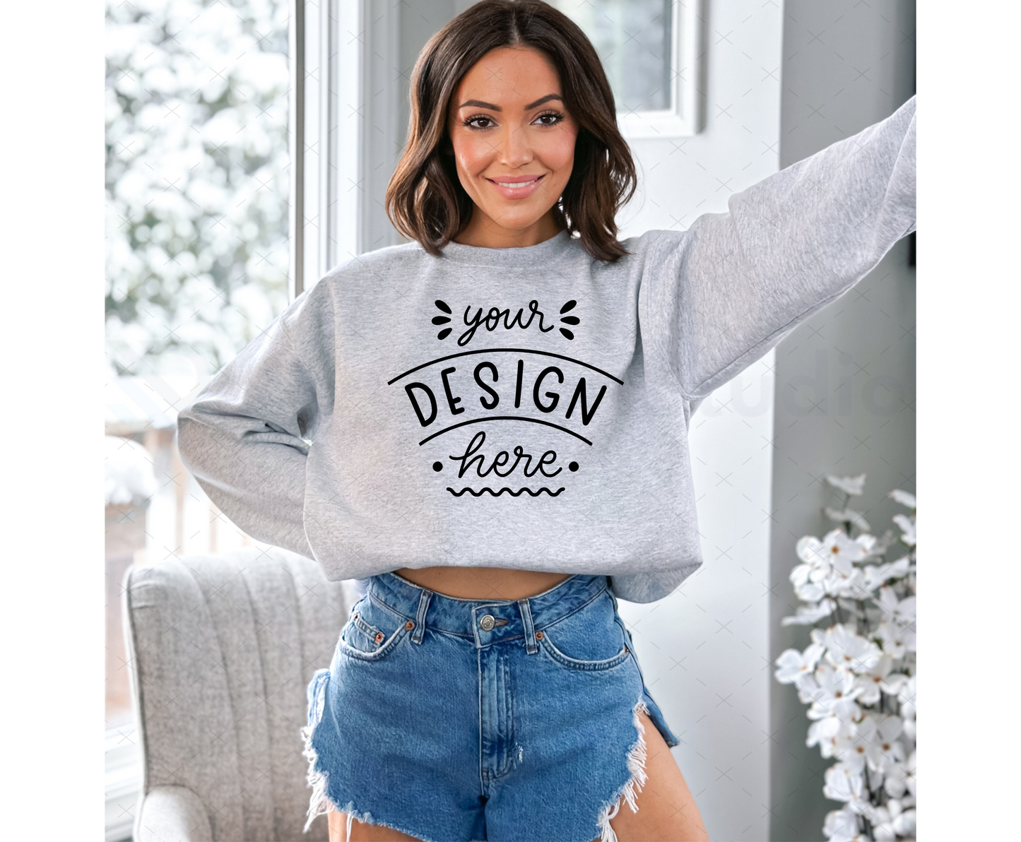 Gildan 18000 Mockup – Ash Crewneck Sweatshirt Mockup on Model | Style 5