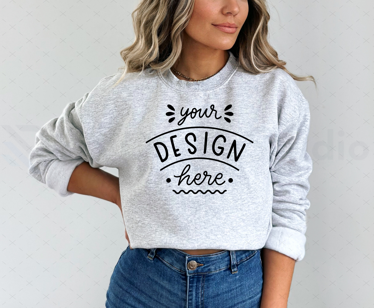 Gildan 18000 Mockup – Ash Crewneck Sweatshirt Mockup on Model | Style 8