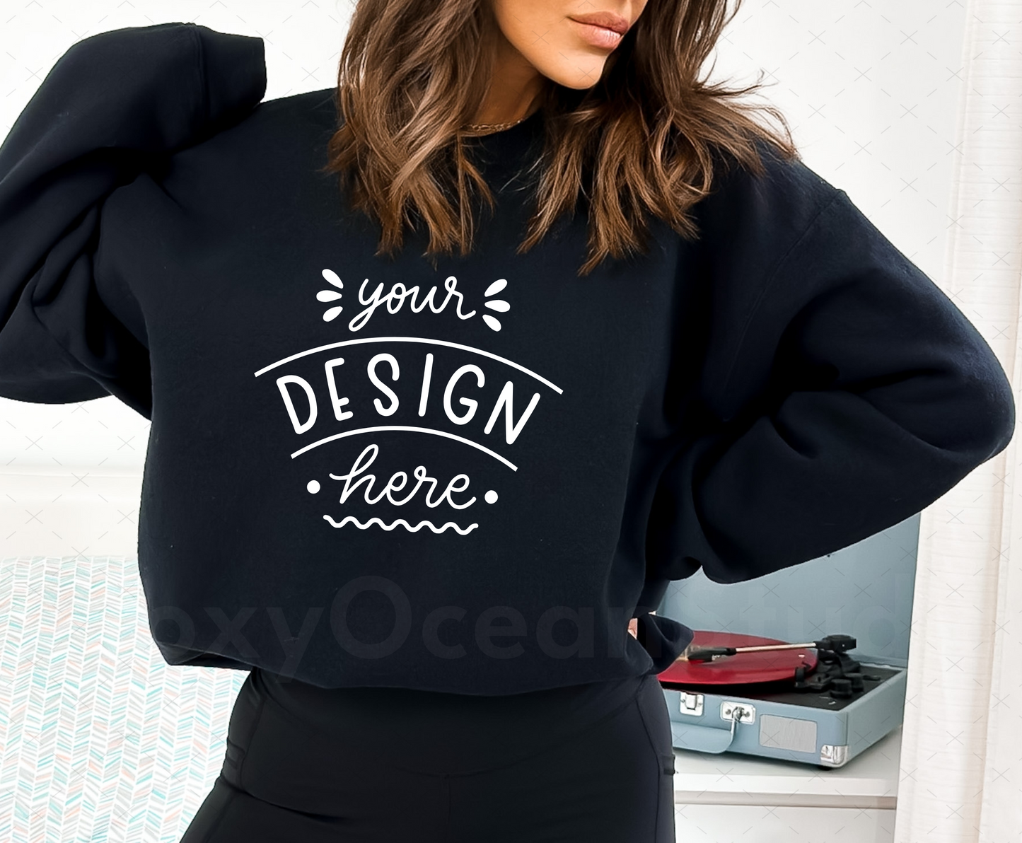 Gildan 18000 Mockup – Black Crewneck Sweatshirt Mockup on Model | Style 11