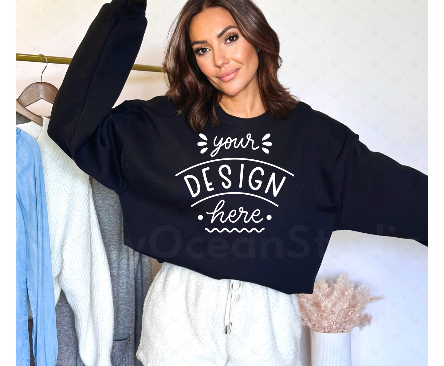 Gildan 18000 Mockup – Black Crewneck Sweatshirt Mockup on Model | Style 14