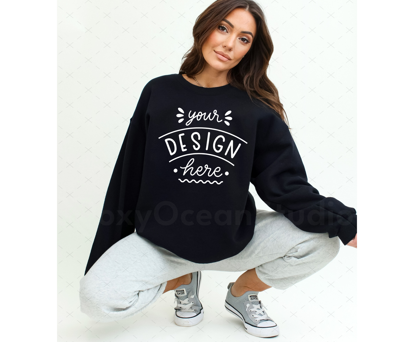 Gildan 18000 Mockup – Black Crewneck Sweatshirt Mockup on Model | Style 16