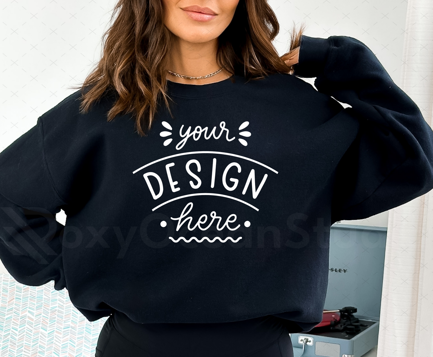 Gildan 18000 Mockup – Black Crewneck Sweatshirt Mockup on Model | Style 5