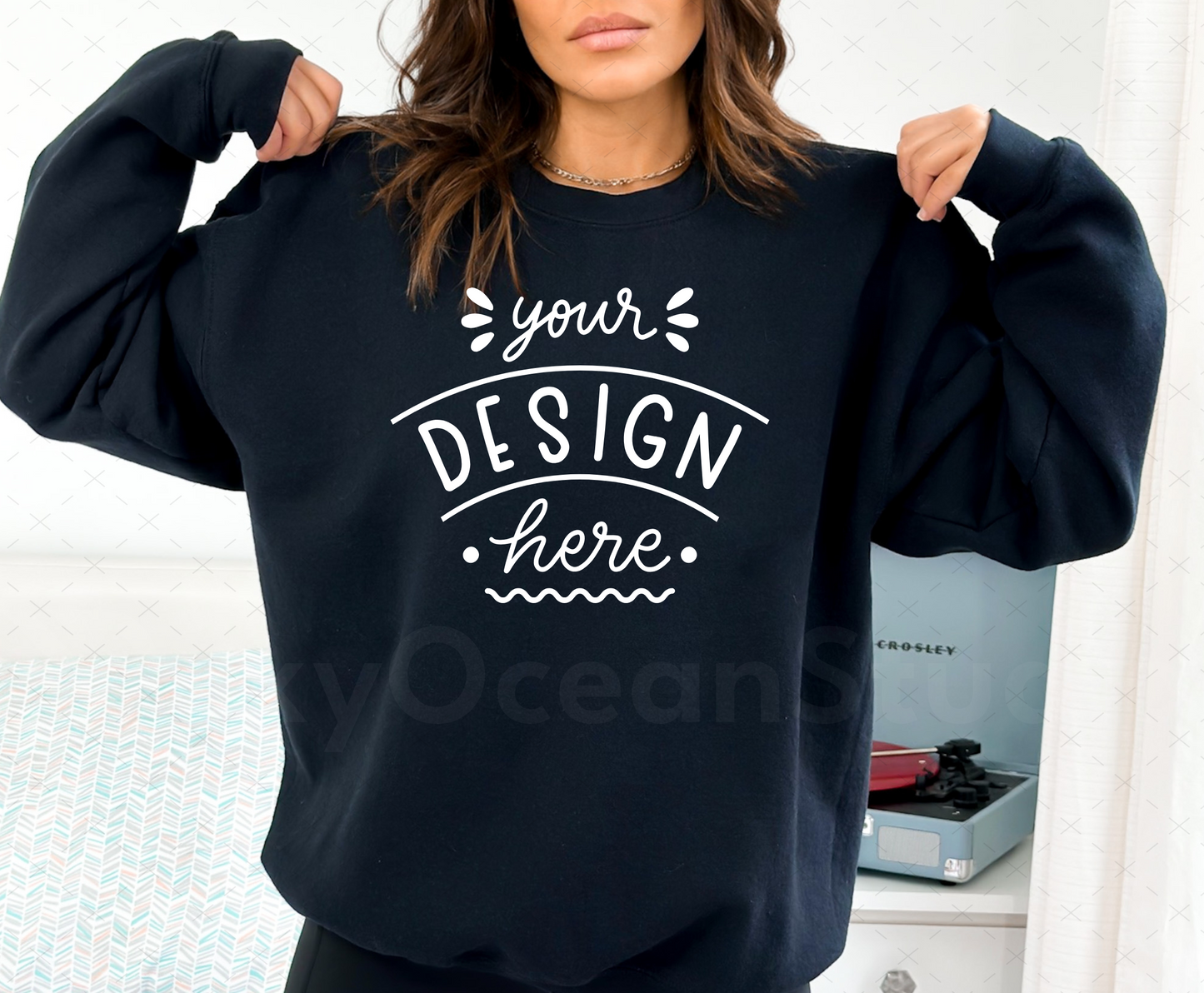 Gildan 18000 Mockup – Black Crewneck Sweatshirt Mockup on Model | Style 7