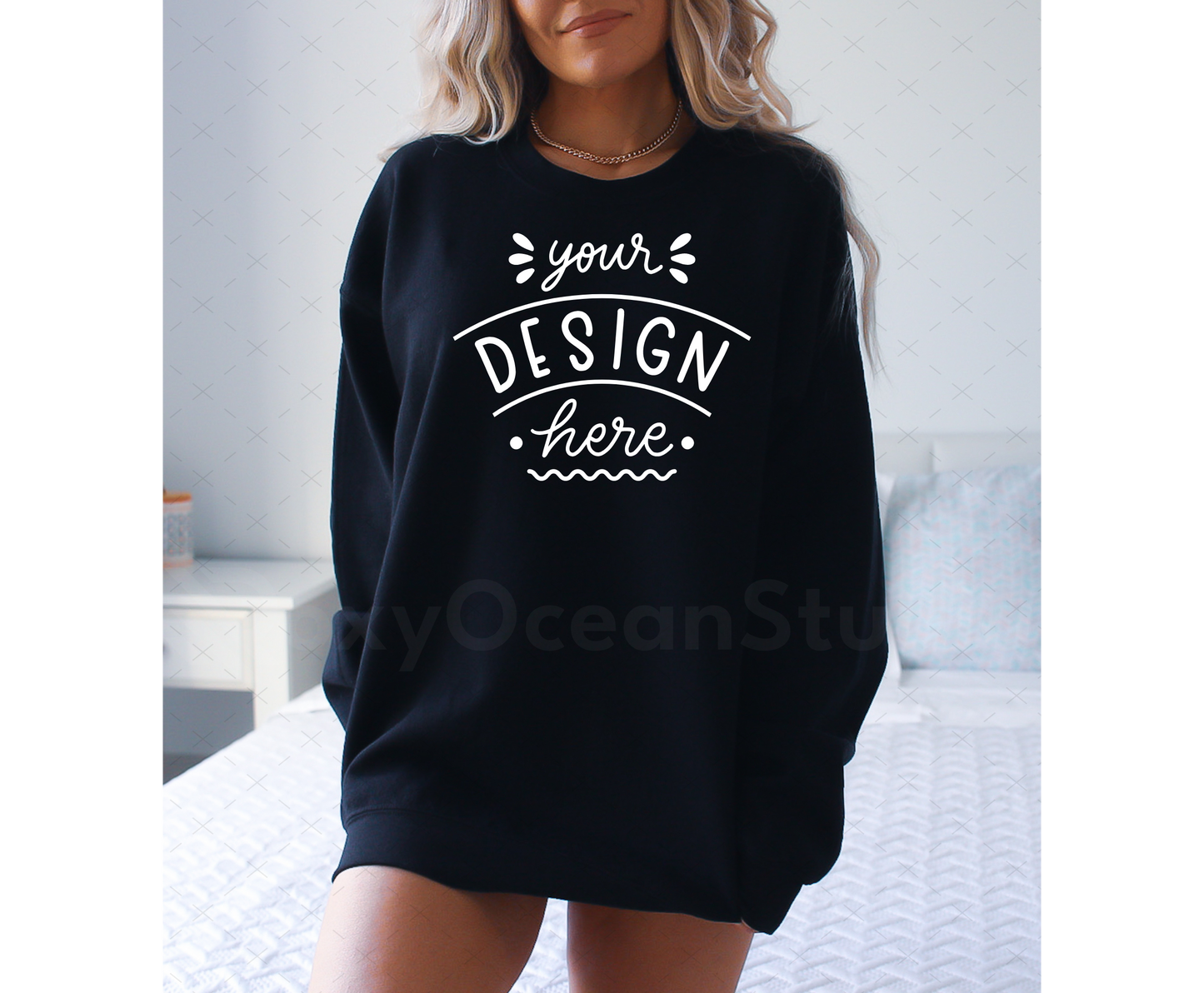 Gildan 18000 Mockup – Black Crewneck Sweatshirt Mockup on Model | Style 8