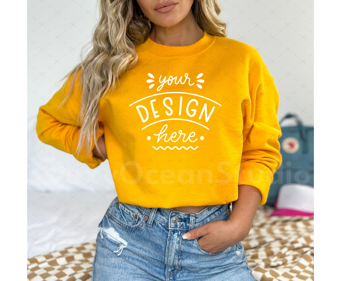 Gildan 18000 Mockup – Gold Crewneck Sweatshirt Mockup on Model | Style 1