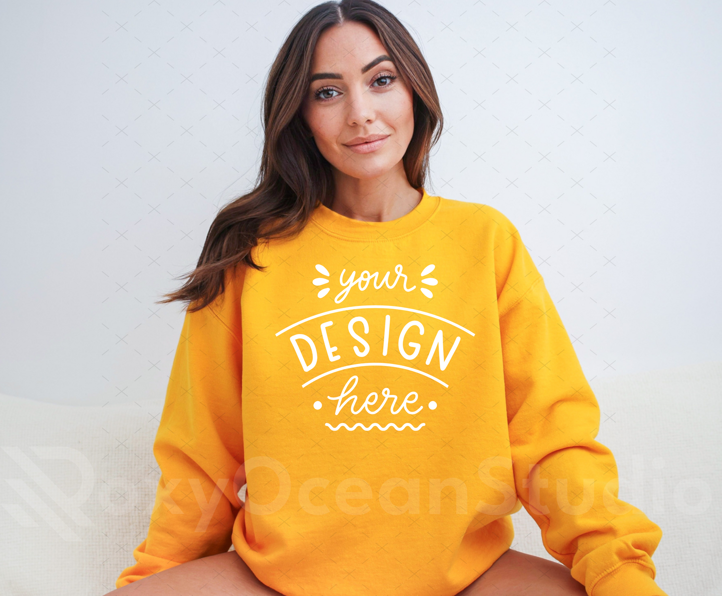 Gildan 18000 Mockup – Gold Crewneck Sweatshirt Mockup on Model | Style 5
