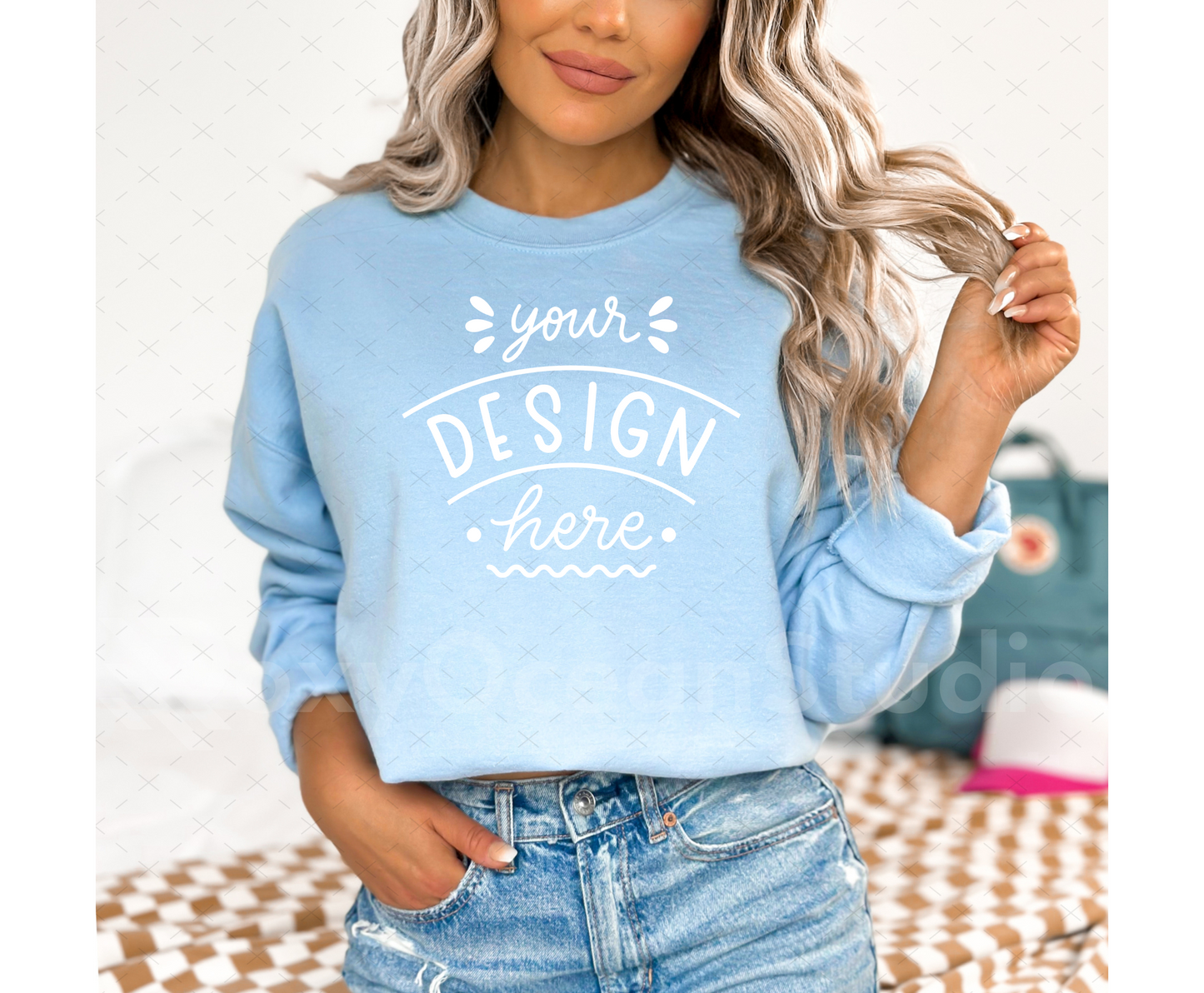 Gildan 18000 Mockup – Light Blue Crewneck Sweatshirt Mockup on Model | Style 1