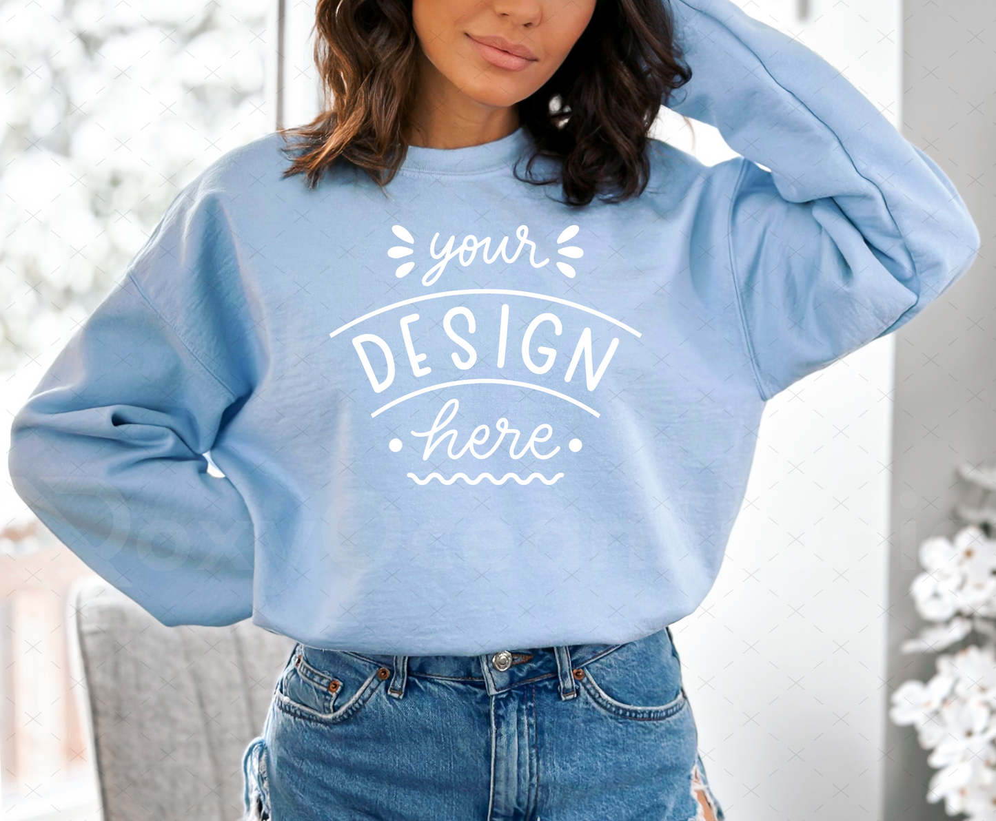 Gildan 18000 Mockup – Light Blue Crewneck Sweatshirt Mockup on Model | Style 6