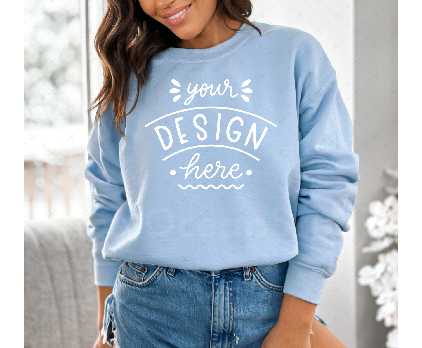 Gildan 18000 Mockup – Light Blue Crewneck Sweatshirt Mockup on Model | Style 7