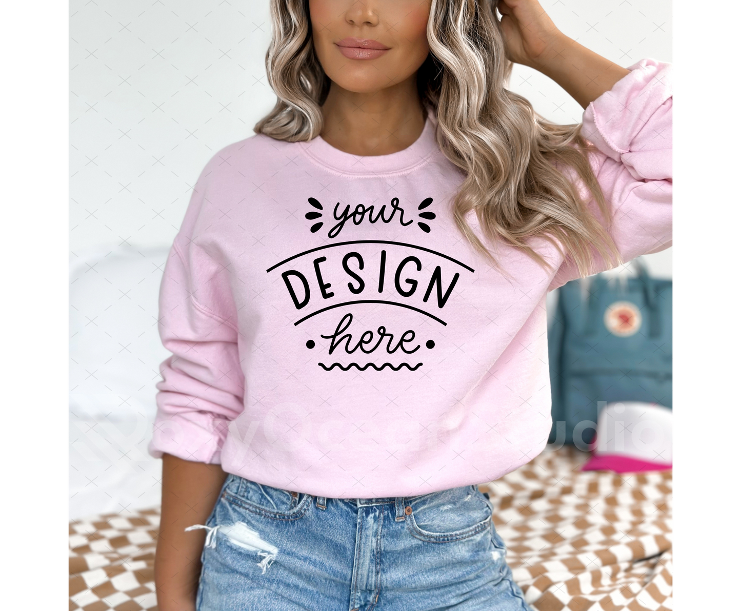 Gildan 18000 Mockup – Light Pink Crewneck Sweatshirt Mockup on Model | Style 2
