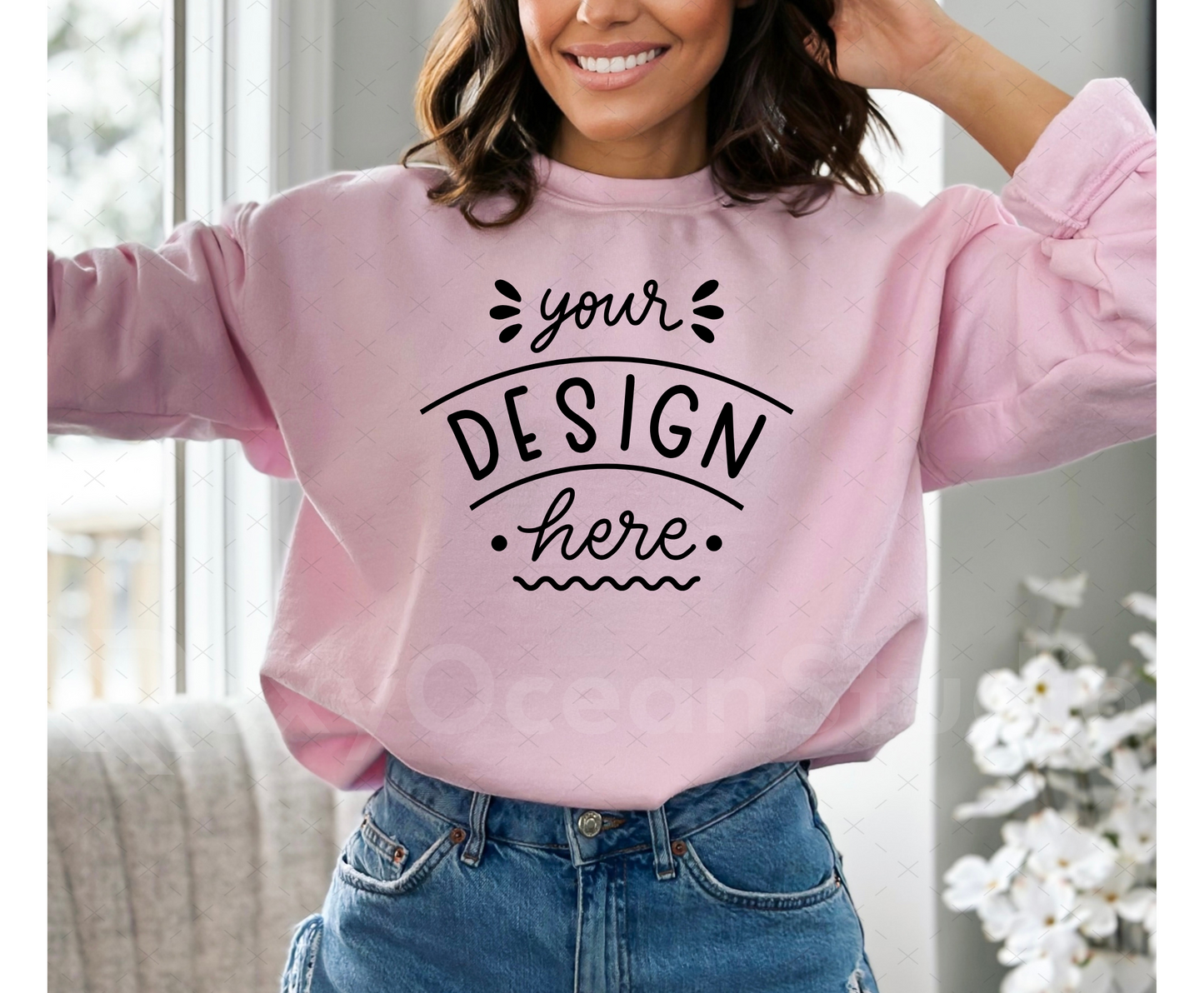 Gildan 18000 Mockup – Light Pink Crewneck Sweatshirt Mockup on Model | Style 6