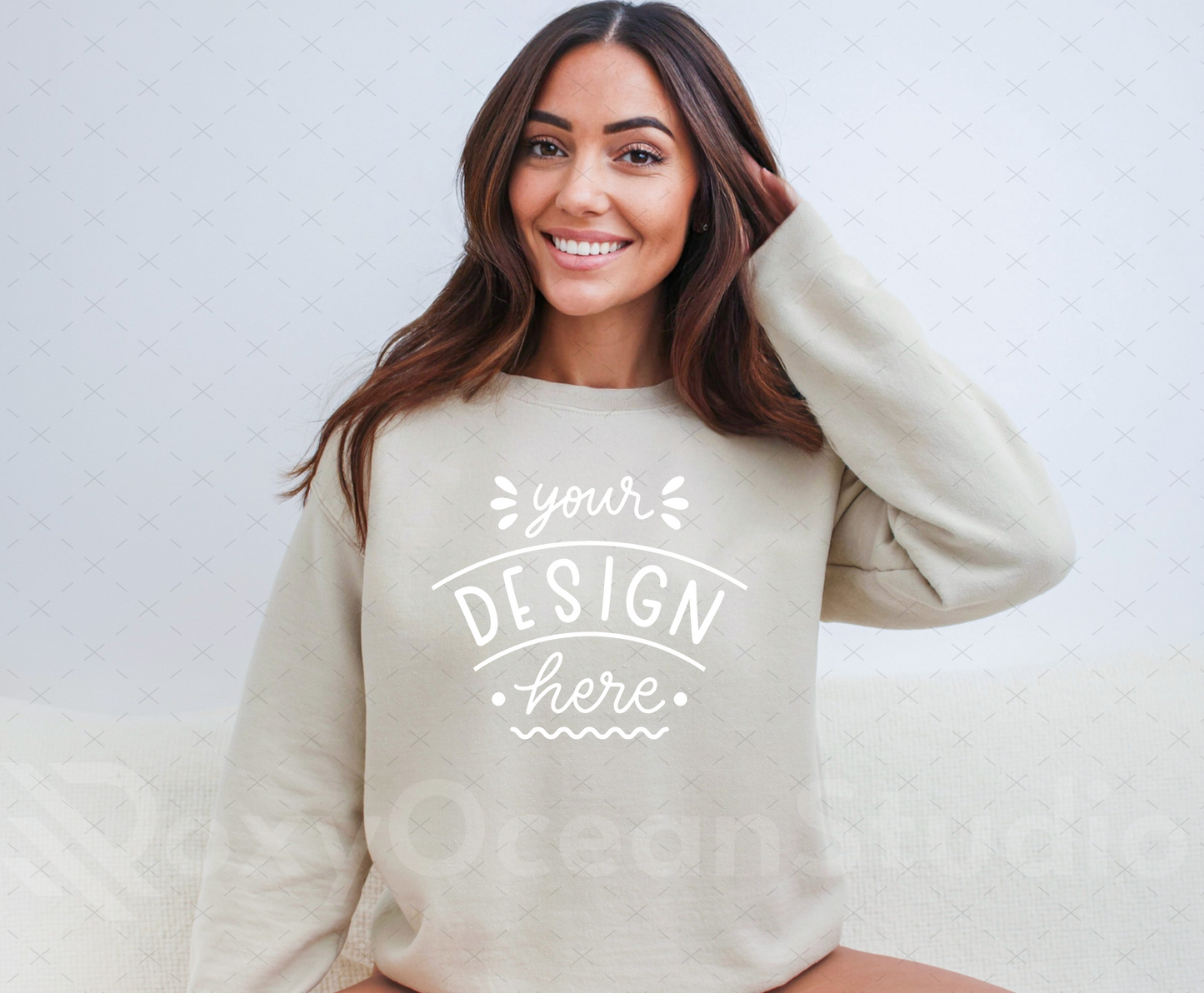 Gildan 18000 Mockup – Sand Crewneck Sweatshirt Mockup on Model | Style 11