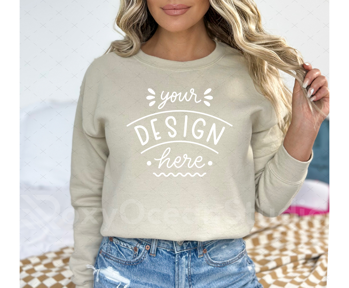 Gildan 18000 Mockup – Sand Crewneck Sweatshirt Mockup on Model | Style 1