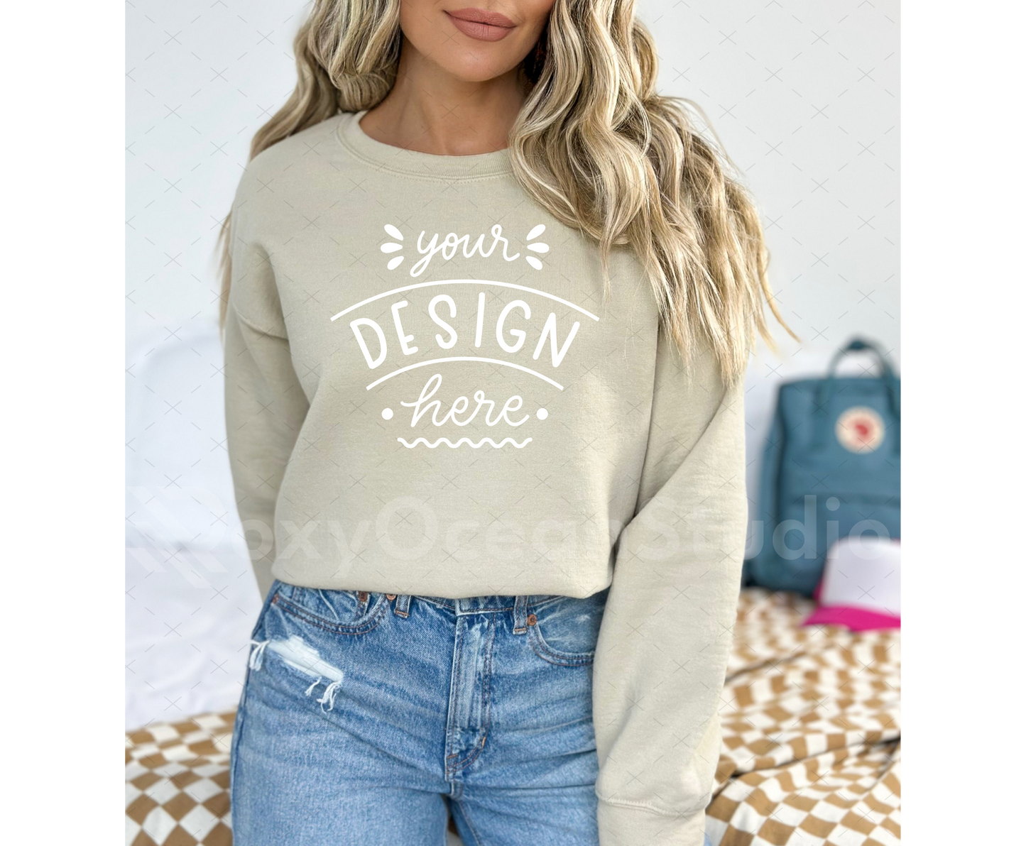 Gildan 18000 Mockup – Sand Crewneck Sweatshirt Mockup on Model | Style 2