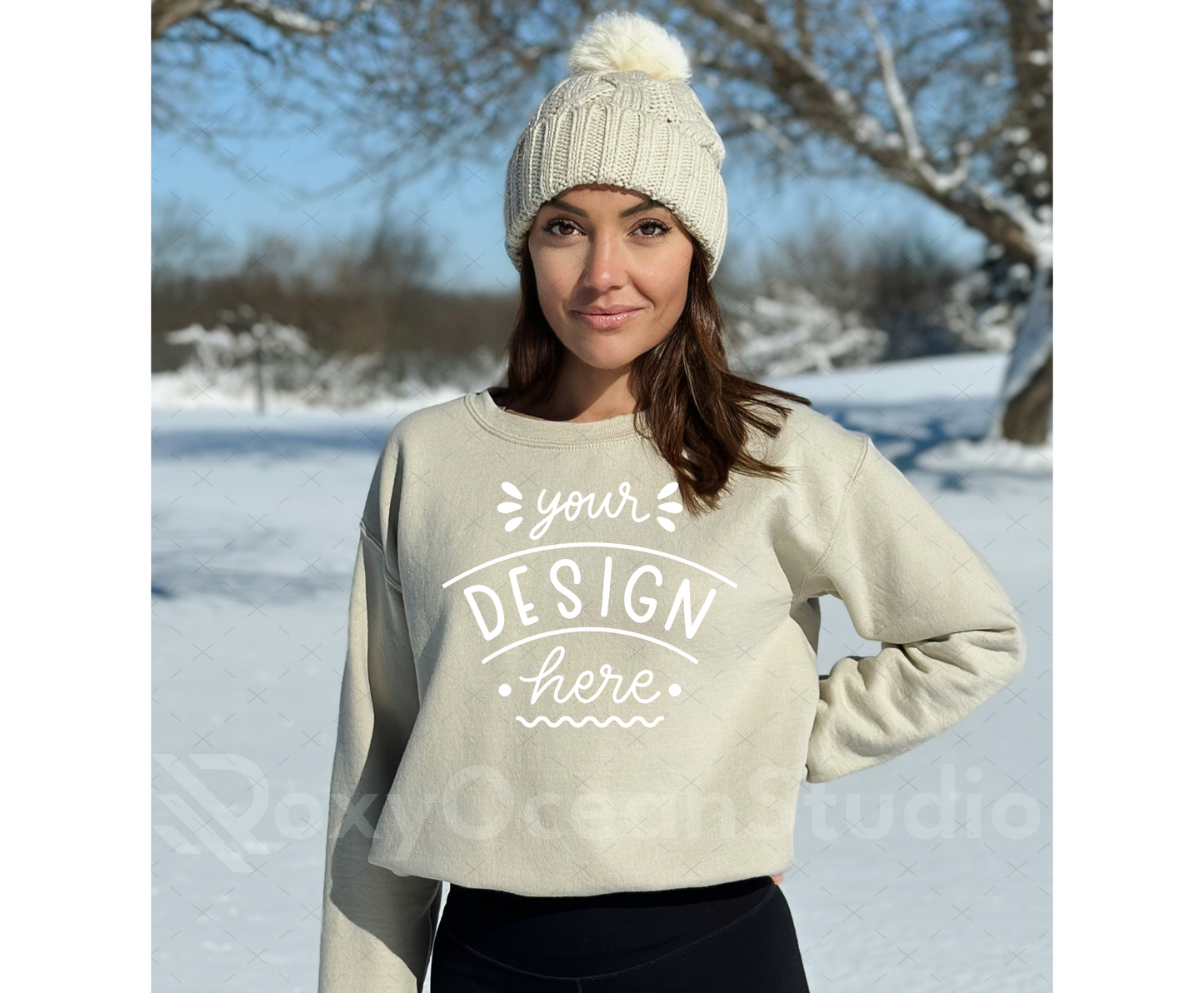 Gildan 18000 Mockup – Sand Crewneck Sweatshirt Mockup on Model | Style 3