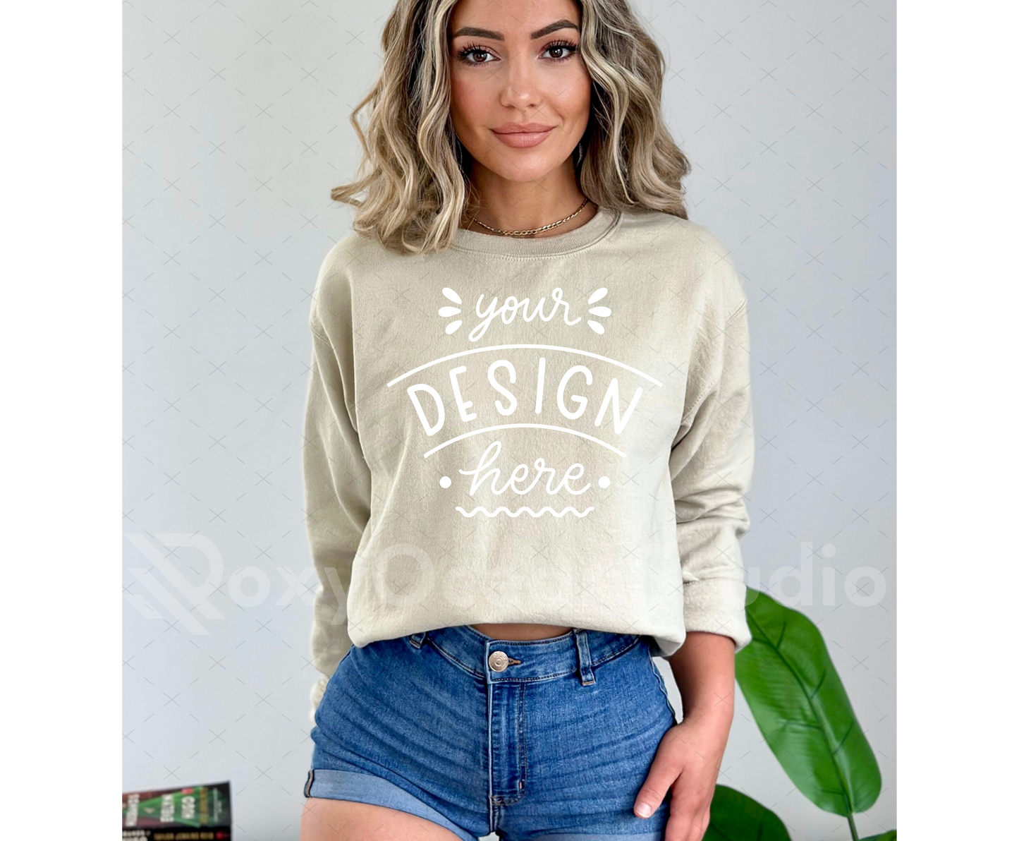 Gildan 18000 Mockup – Sand Crewneck Sweatshirt Mockup on Model | Style 5