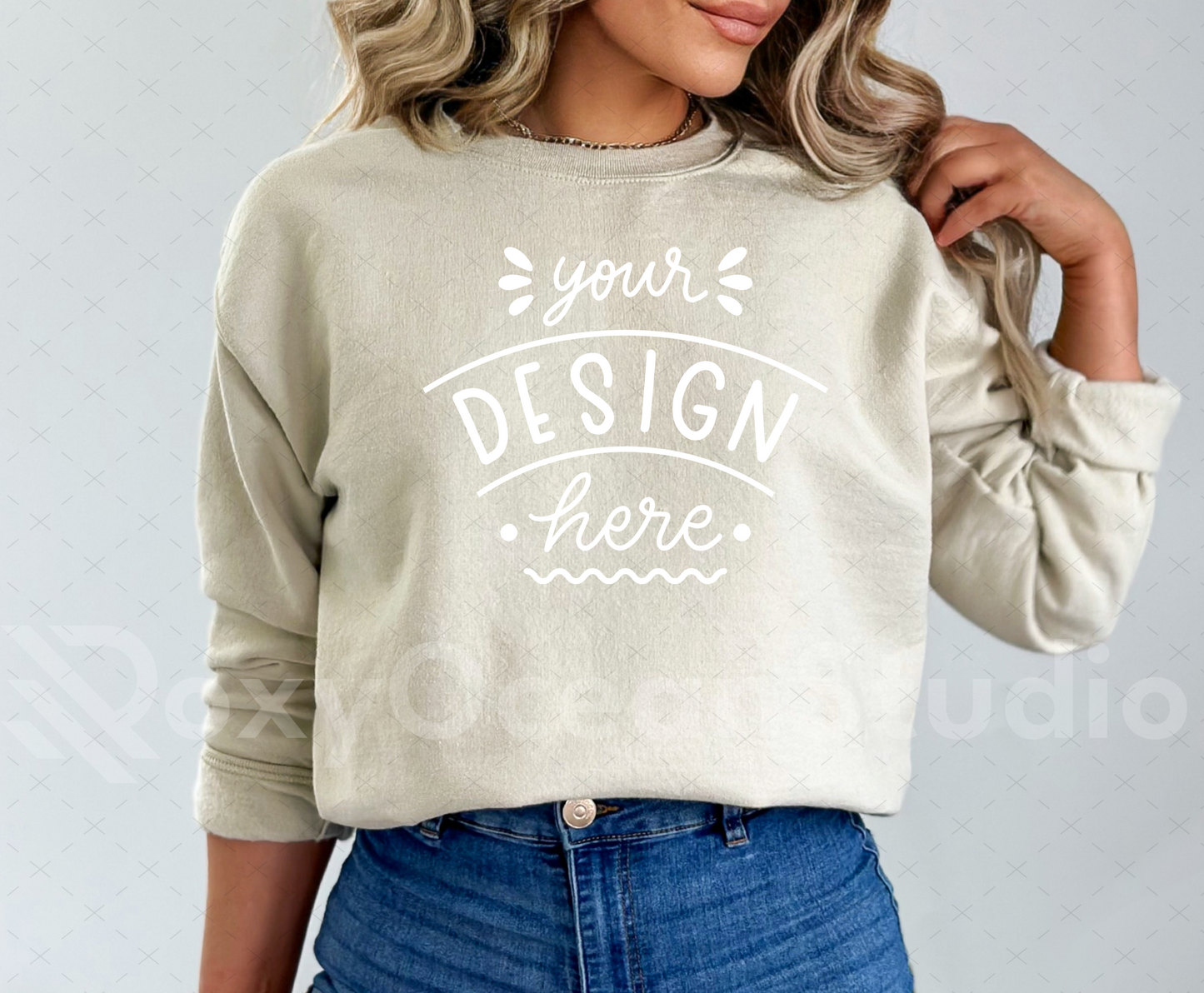 Gildan 18000 Mockup – Sand Crewneck Sweatshirt Mockup on Model | Style 7