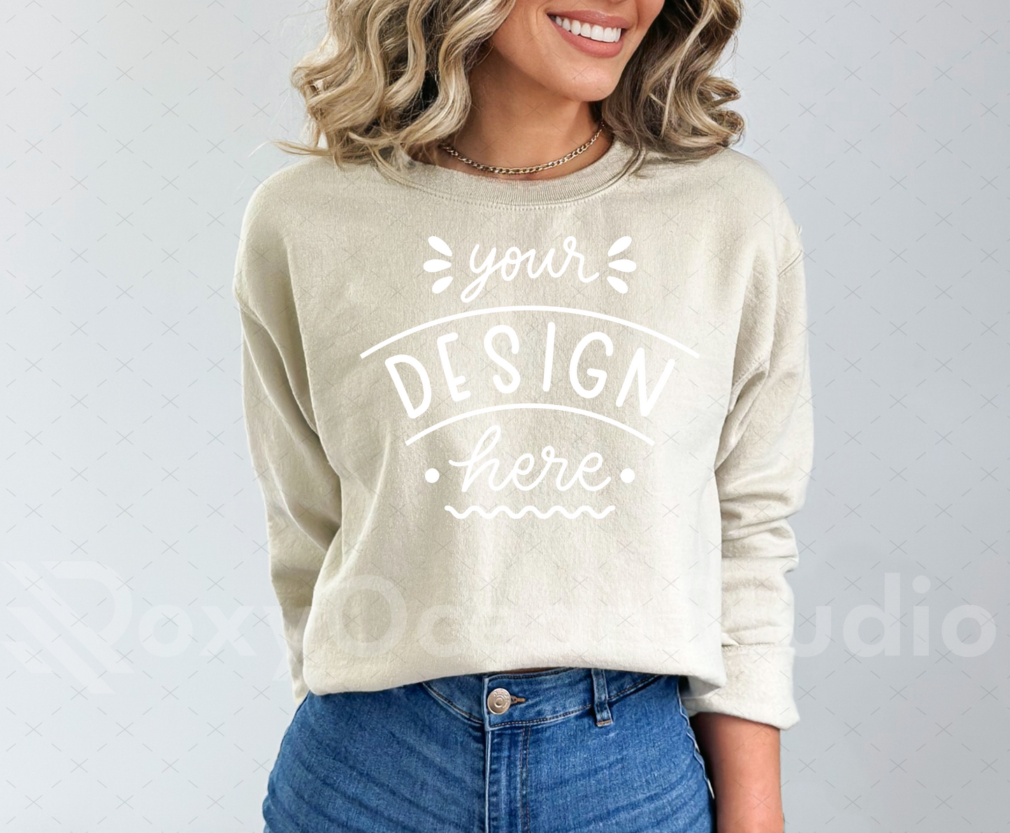 Gildan 18000 Mockup – Sand Crewneck Sweatshirt Mockup on Model | Style 8