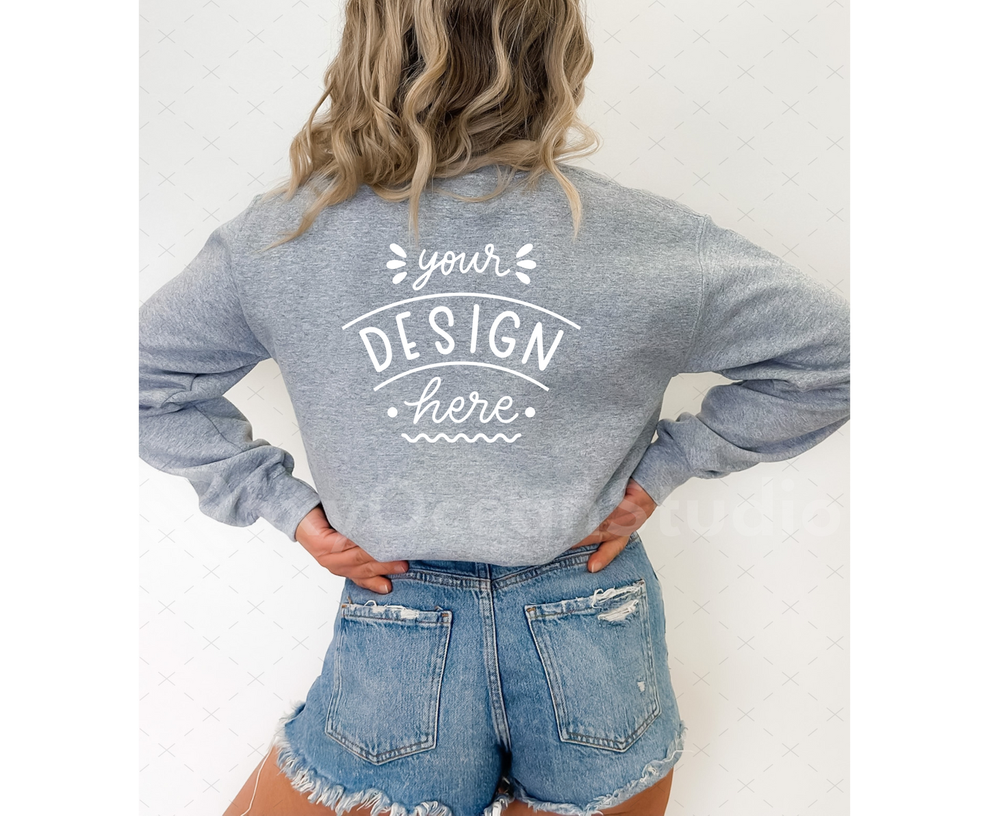 Gildan 18000 Mockup – Sport Grey Crewneck Sweatshirt Mockup Back on Model | Style 1