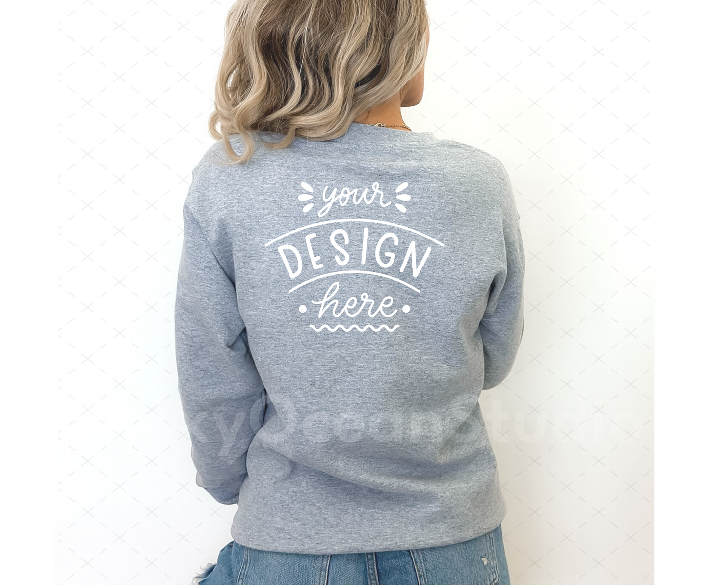 Gildan 18000 Mockup – Sport Grey Crewneck Sweatshirt Mockup Back on Model | Style 3