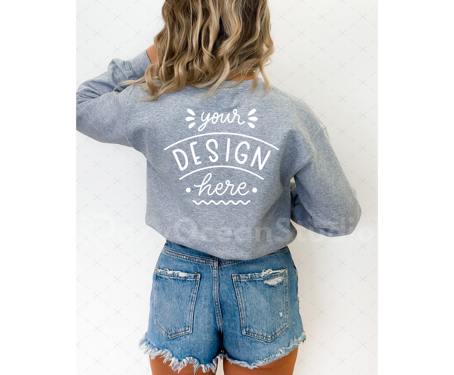 Gildan 18000 Mockup – Sport Grey Crewneck Sweatshirt Mockup Back on Model | Style 4