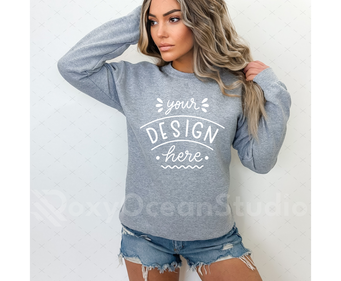 Gildan 18000 Mockup – Sport Grey Crewneck Sweatshirt Mockup on Model | Style 6