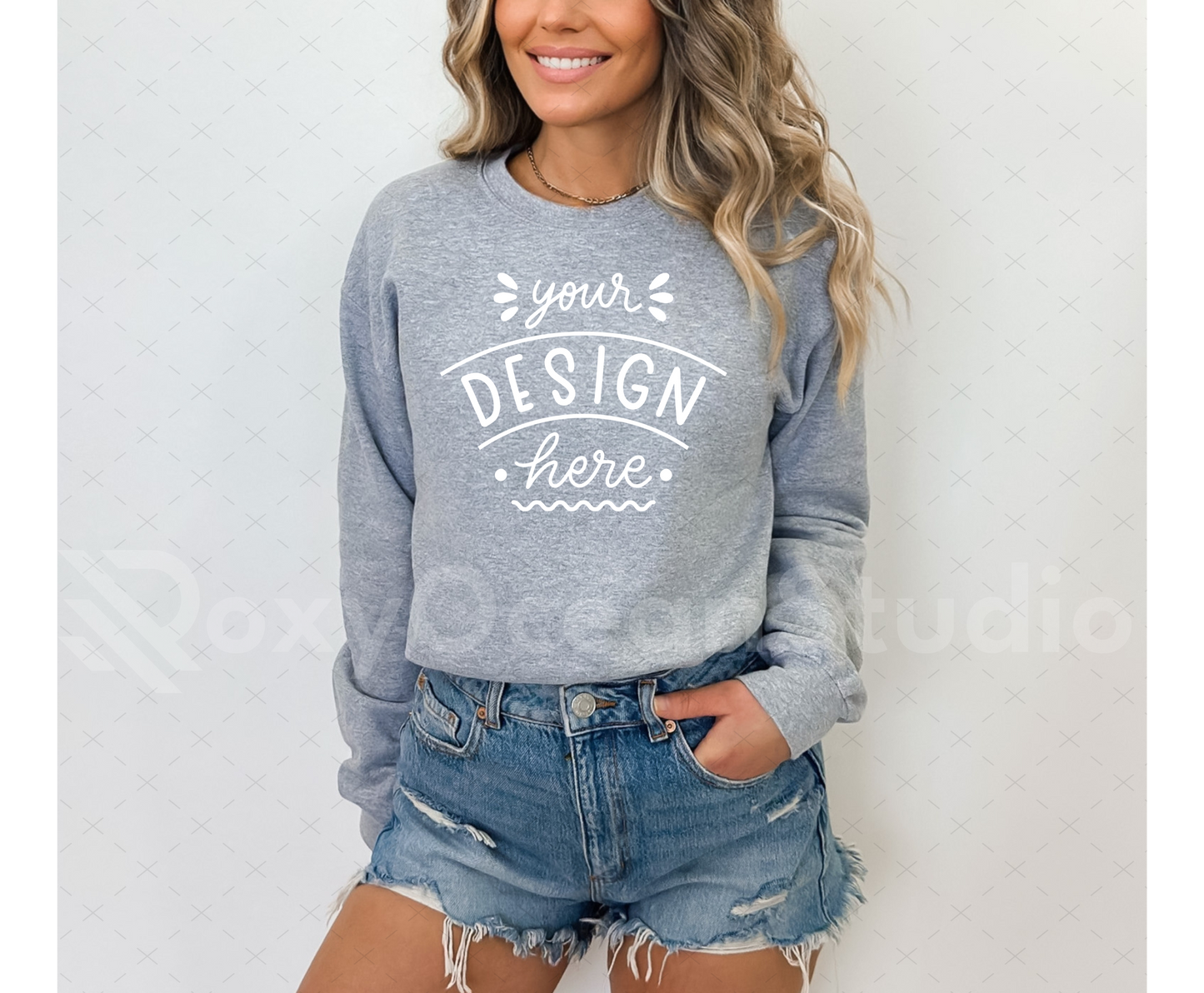 Gildan 18000 Mockup – Sport Grey Crewneck Sweatshirt Mockup on Model | Style 8