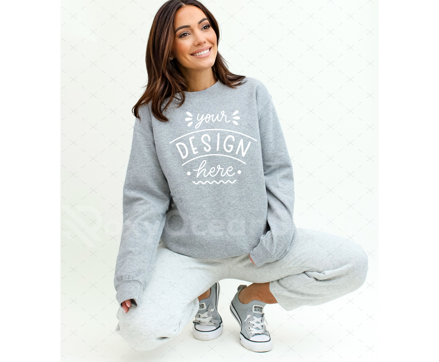 Gildan 18000 Mockup – Sport Grey Crewneck Sweatshirt Mockup on Model | Style 9