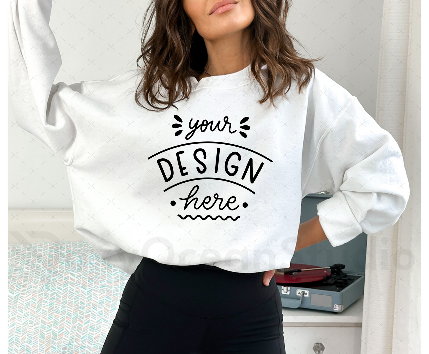 Gildan 18000 Mockup – White Crewneck Sweatshirt Mockup on Model | Style 11