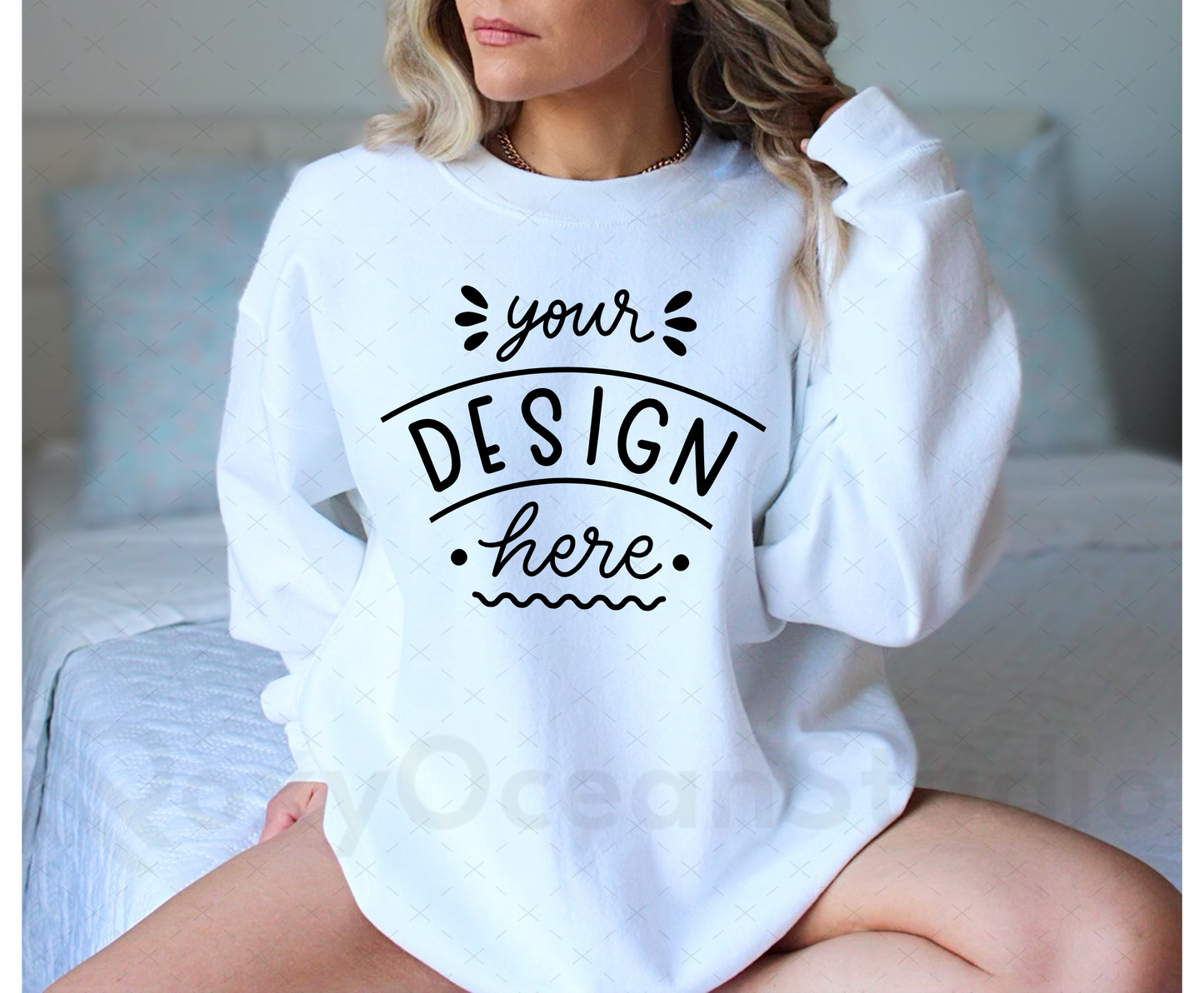 Gildan 18000 Mockup – White Crewneck Sweatshirt Mockup on Model | Style 14