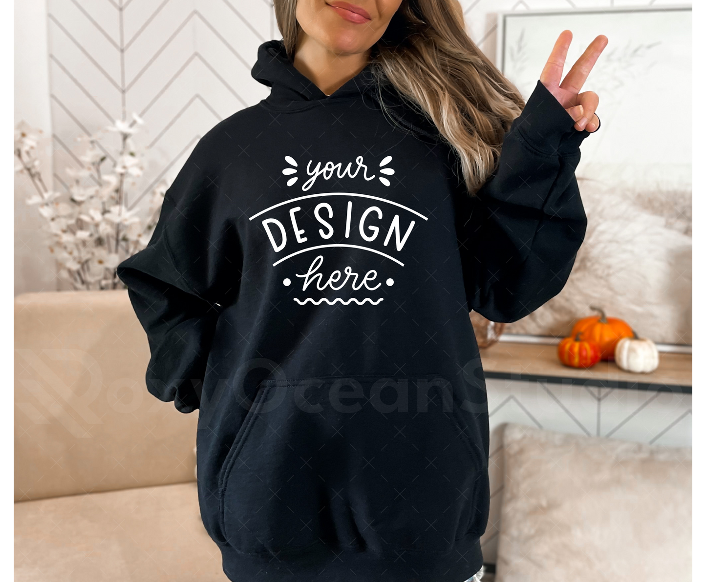Gildan 18500 Mockup – Black Hooded Sweatshirt Mockup on Model | Style 2