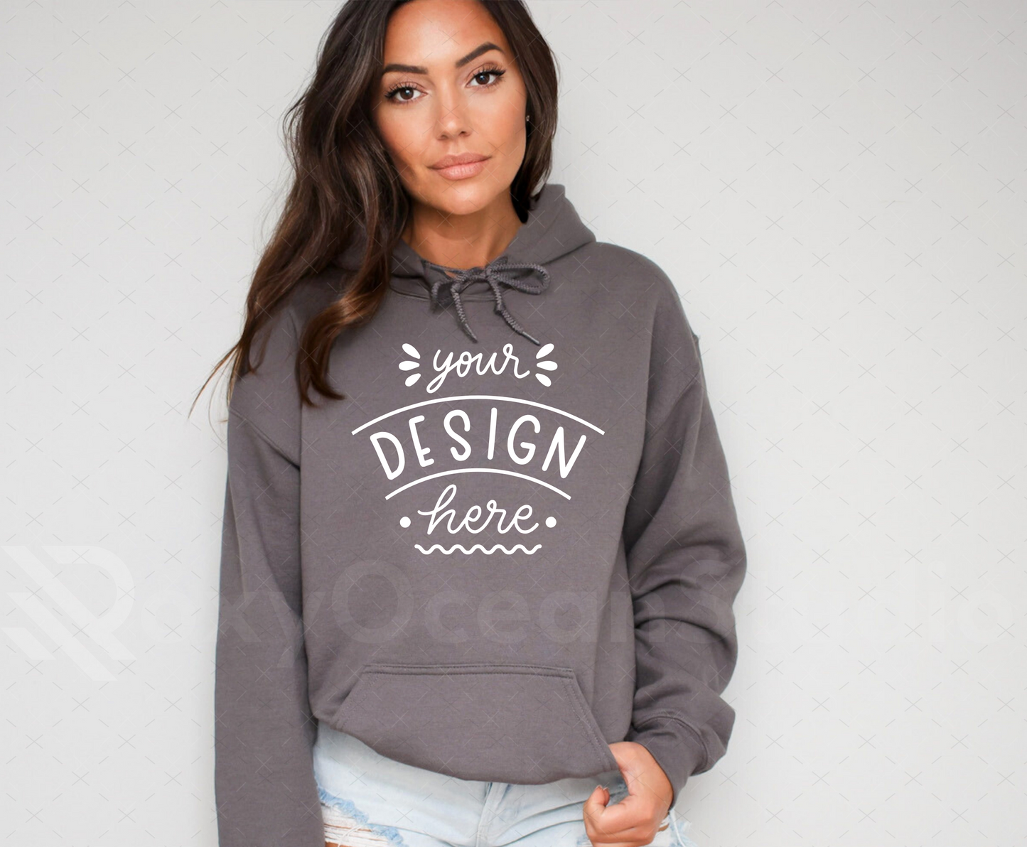 Gildan 18500 Mockup – Charcoal Hooded Sweatshirt Mockup on Model | Style 7
