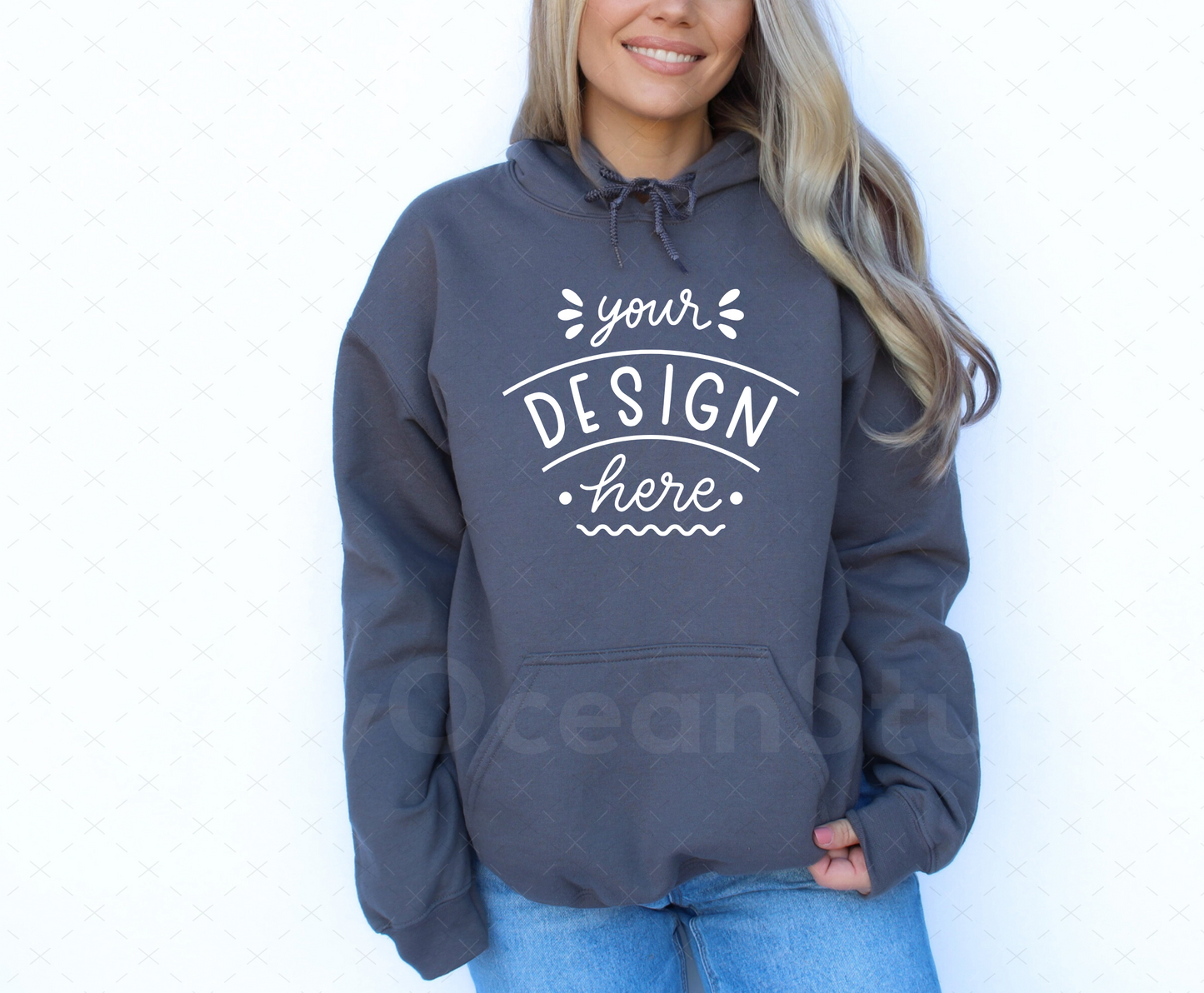 Gildan 18500 Mockup – Charcoal Hooded Sweatshirt Mockup on Model | Style 8