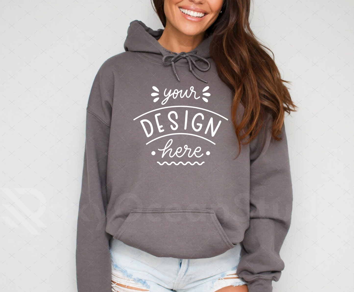 Gildan 18500 Mockup – Charcoal Hooded Sweatshirt Mockup on Model | Style 9