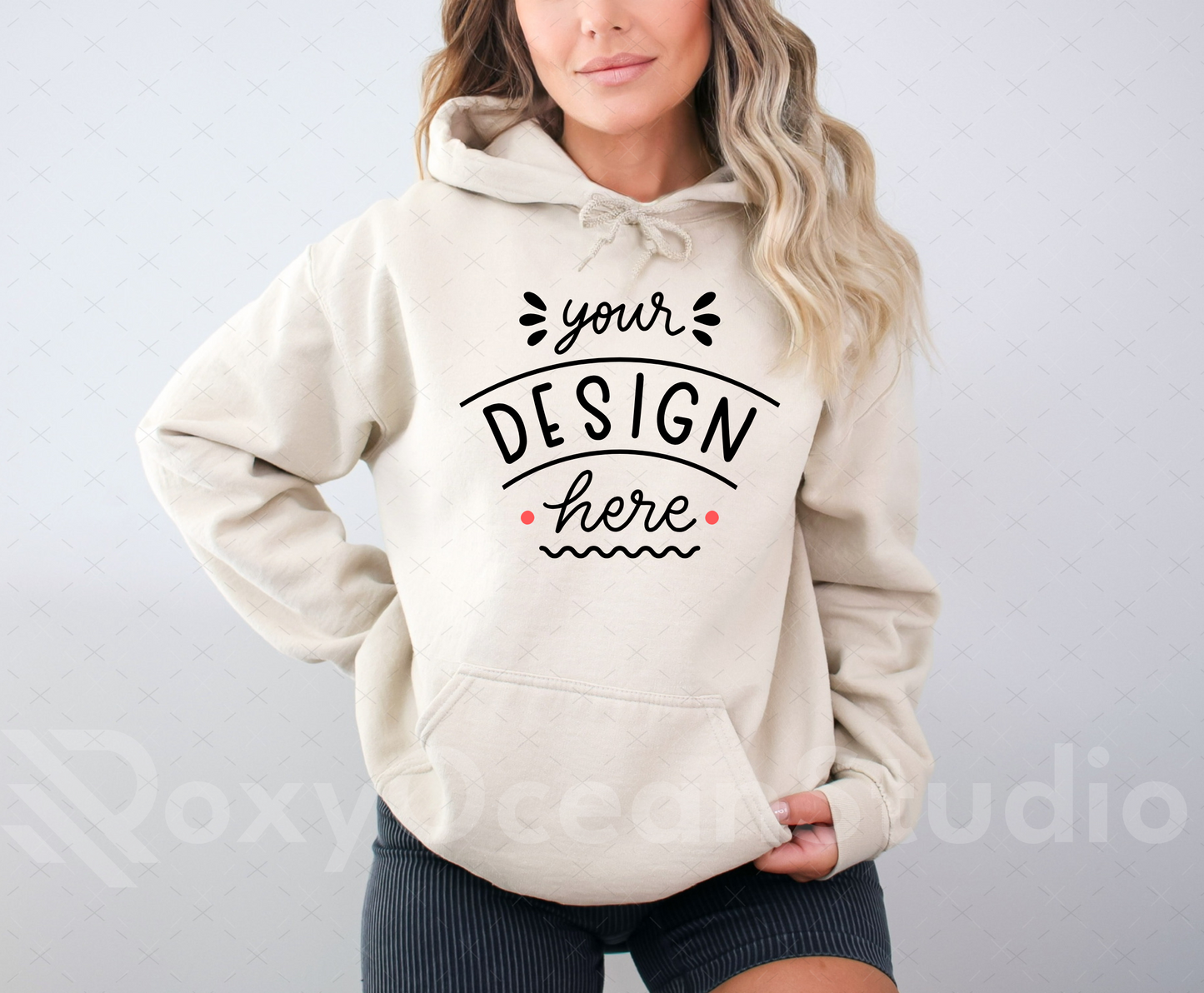 Gildan 18500 Mockup – Sand Hooded Sweatshirt Mockup on Model | Style 13