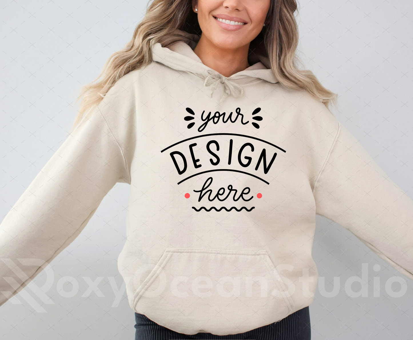 Gildan 18500 Mockup – Sand Hooded Sweatshirt Mockup on Model | Style 14