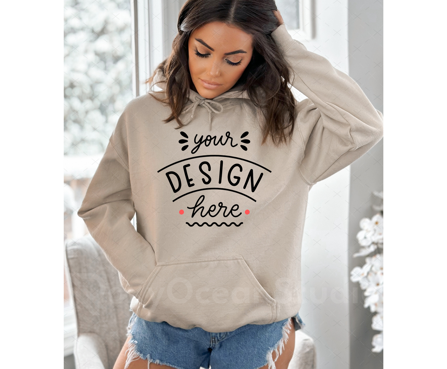 Gildan 18500 Mockup – Sand Hooded Sweatshirt Mockup on Model | Style 3