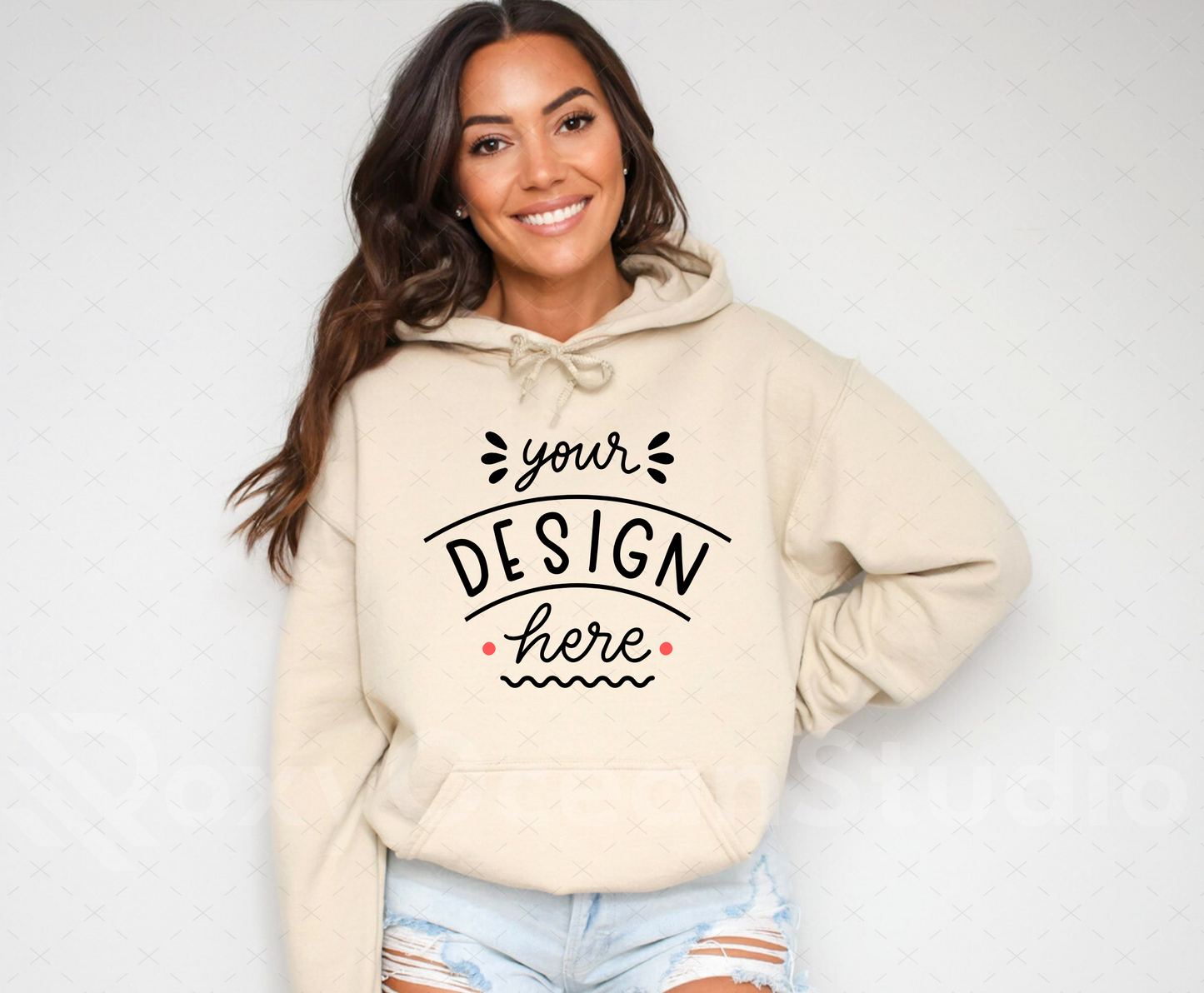 Gildan 18500 Mockup – Sand Hooded Sweatshirt Mockup on Model | Style 9