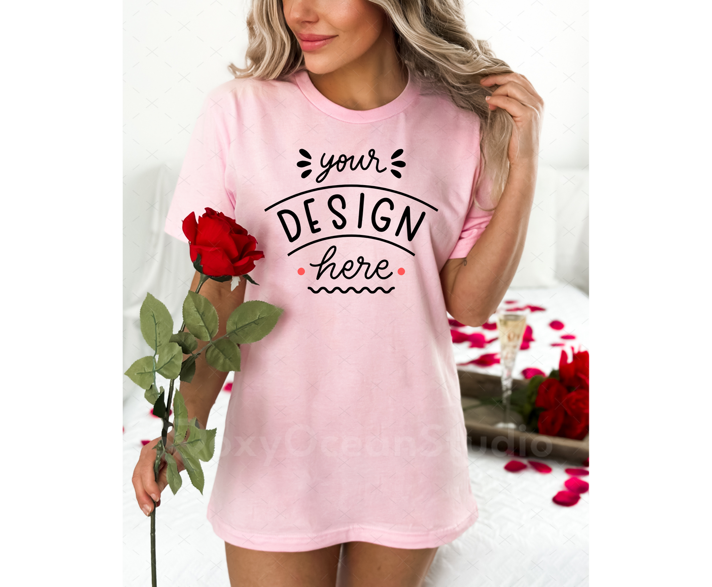 Bella Canvas 3001 Mockup – Light Pink T-Shirt Mockup on Model | Valentine’s Day Theme | Style 3