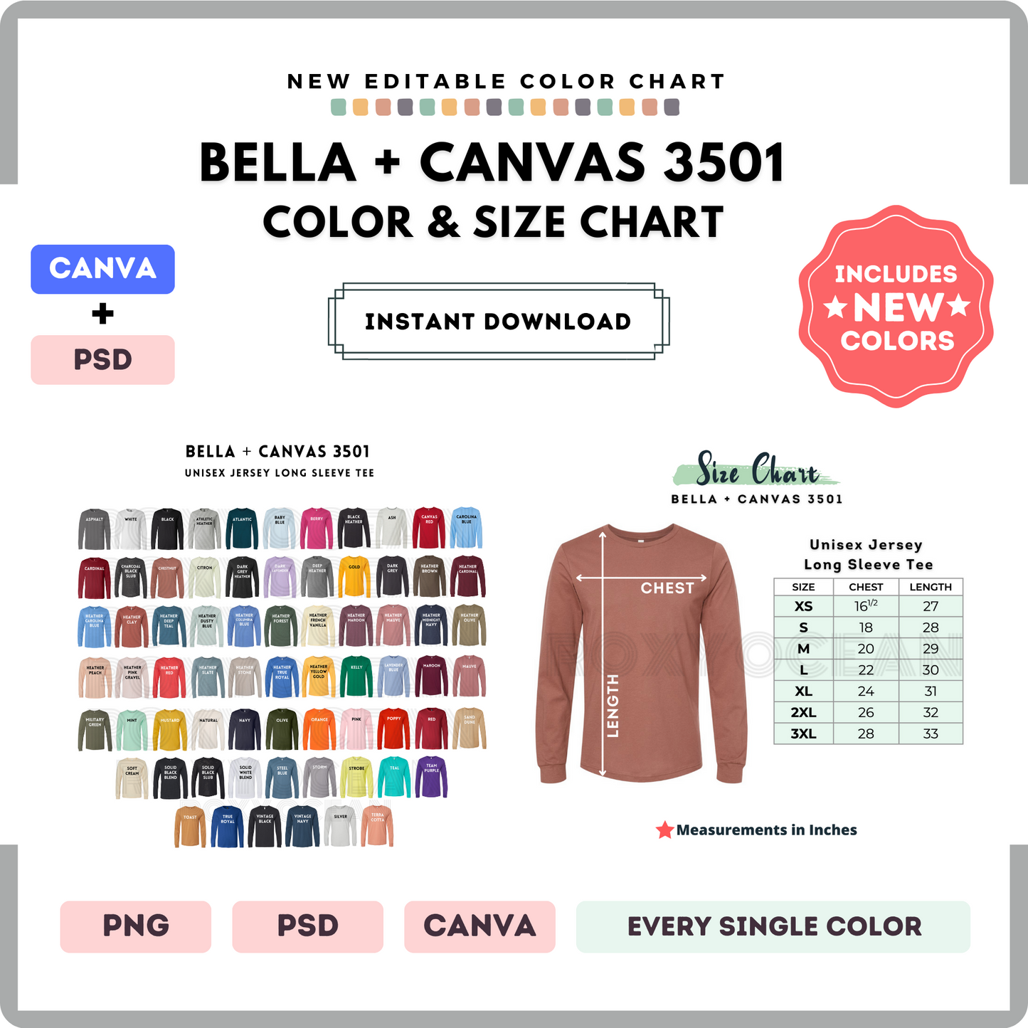 Bella Canvas 3501 Color and Size Chart