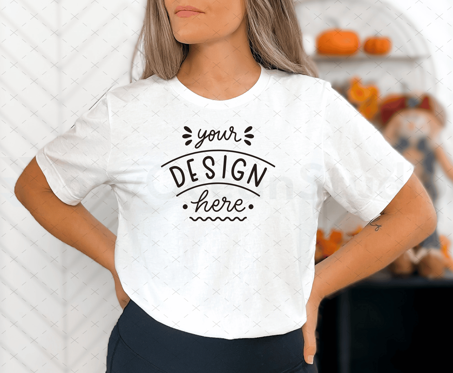 Bella Canvas 3001 Mockup – White T-Shirt on Model | Fall & Halloween Theme | Style 2