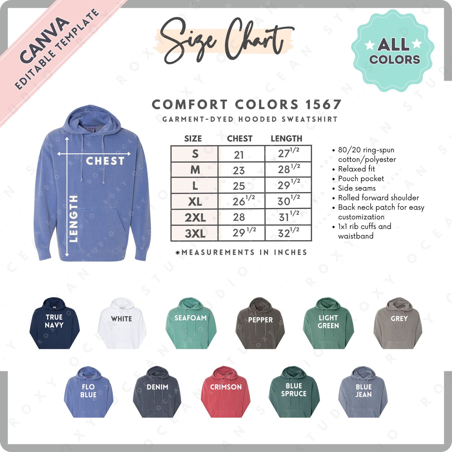 Size Chart | Comfort Colors 1567 Hooded Sweatshirt - NEW