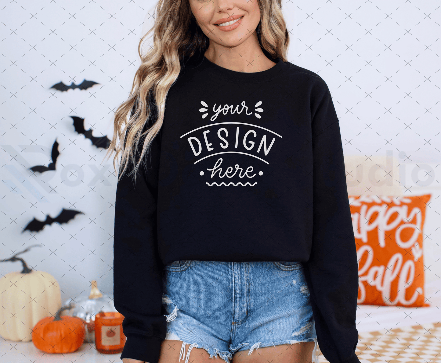 Gildan 18000 Mockup – Black Sweatshirt on Model | Fall & Halloween Theme | Style 10