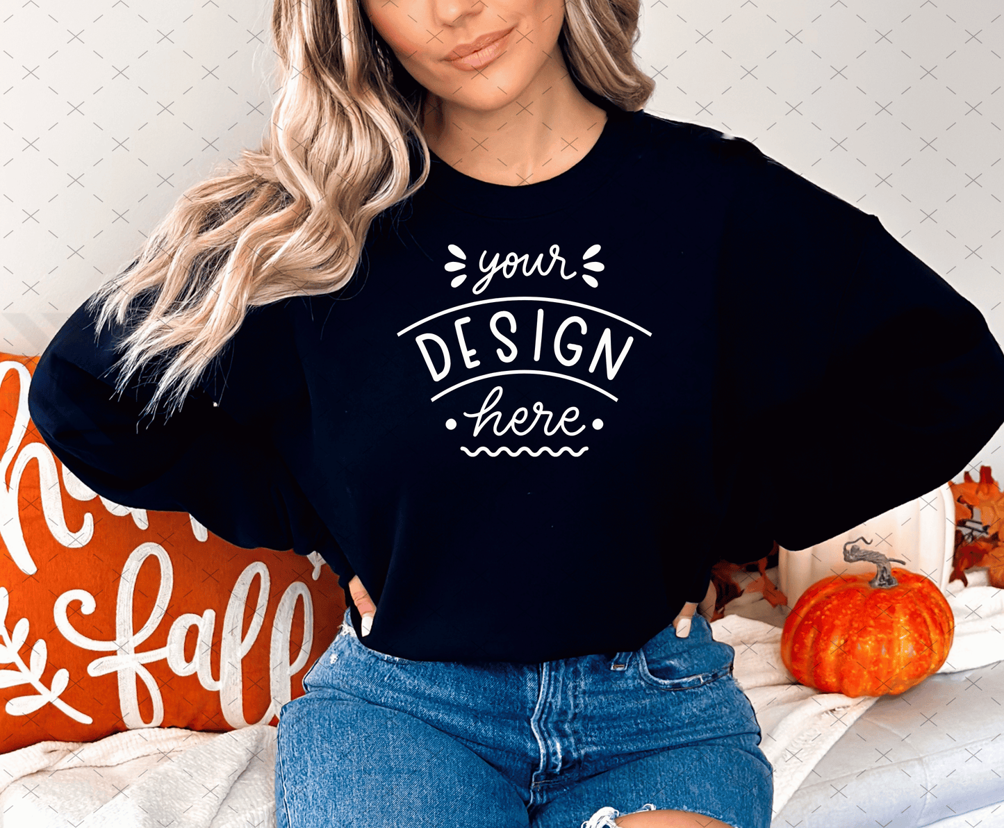 Gildan 18000 Mockup – Black Sweatshirt on Model | Fall & Halloween Theme | Style 9