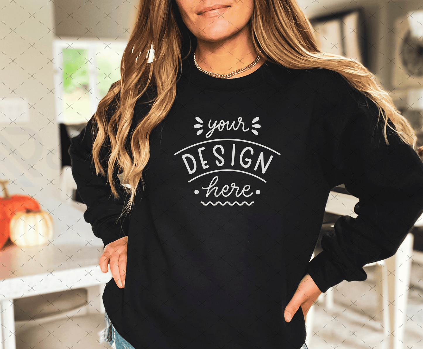 Gildan 18000 Mockup – Black Sweatshirt on Model | Fall & Halloween Theme | Style 4