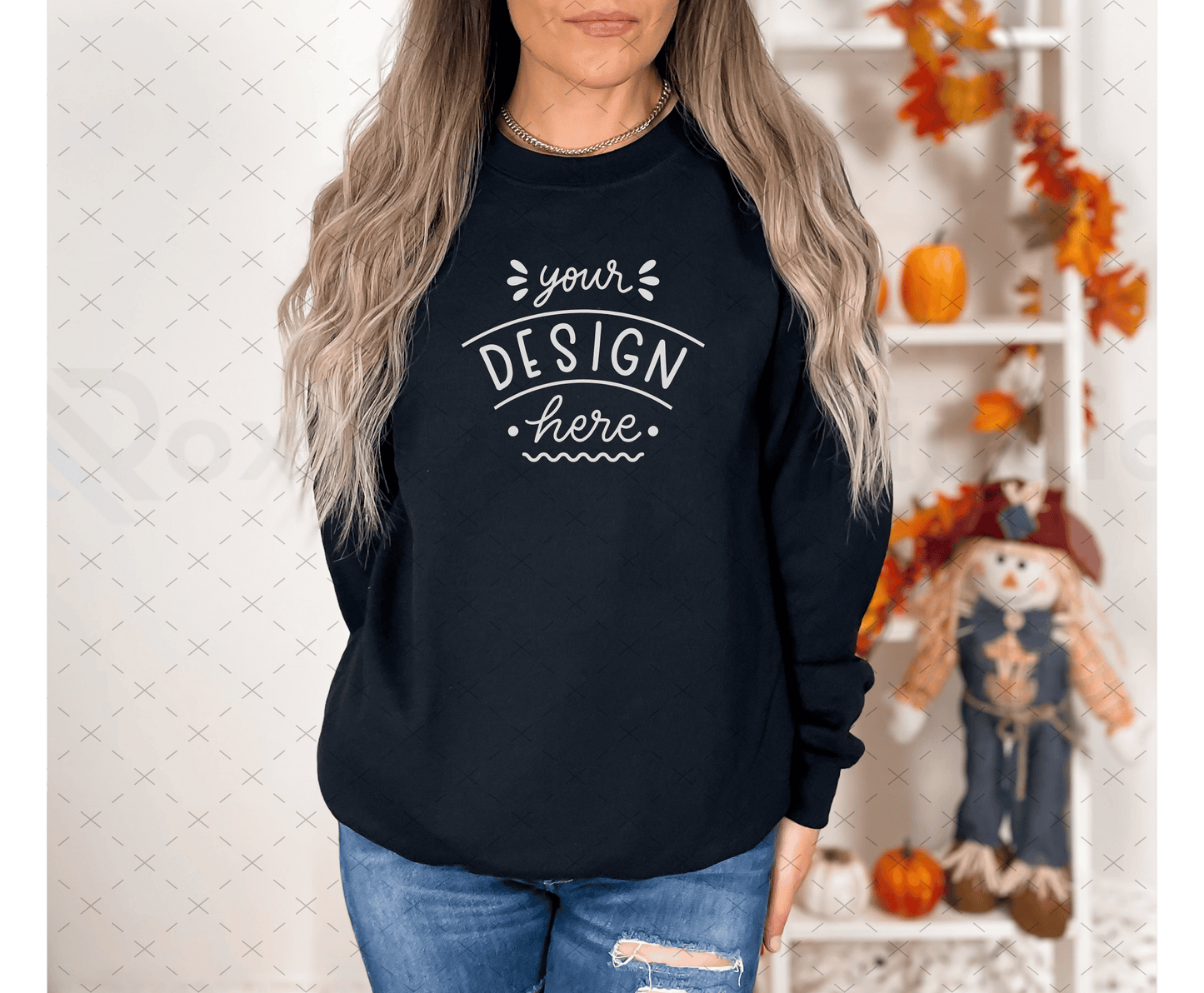 Gildan 18000 Mockup – Black Sweatshirt on Model | Fall & Halloween Theme | Style 7