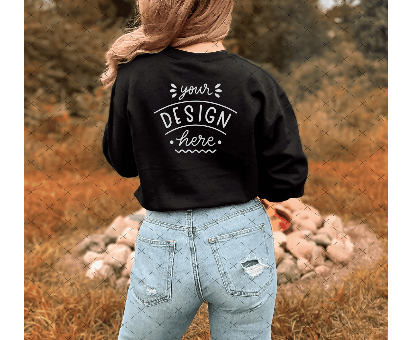 Gildan 18000 Mockup – Black Sweatshirt on Model | Fall & Halloween Theme | Style 5