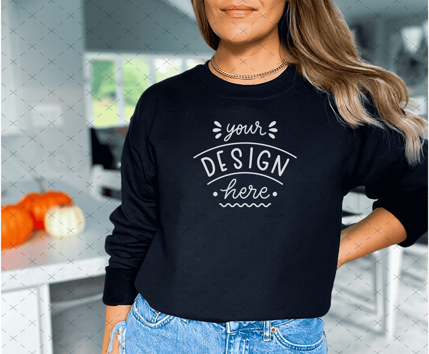 Gildan 18000 Mockup – Black Sweatshirt on Model | Fall & Halloween Theme | Style 8