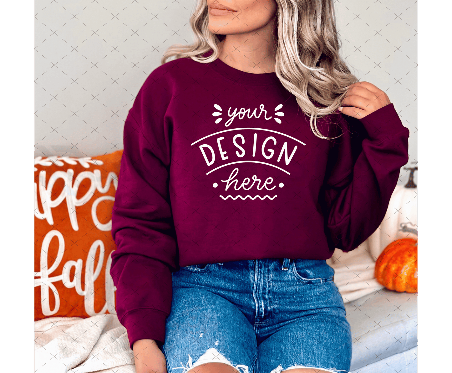 Gildan 18000 Mockup – Maroon Sweatshirt on Model | Fall & Halloween Theme | Style 2